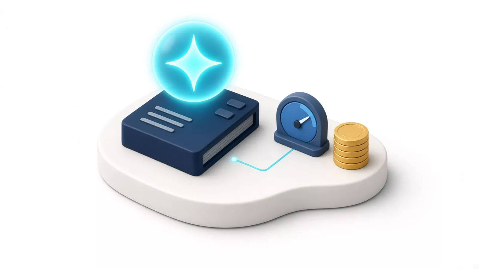 Orbe lumineuse d'assistant IA au-dessus d'un document, reliée à un compteur et à une pile de pièces