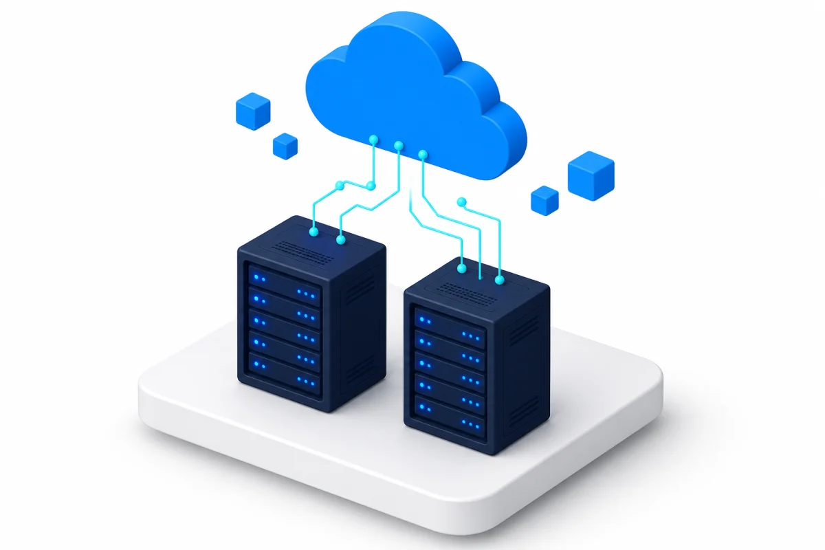 Baies de serveurs reliées à un cloud lors d'une migration d'infrastructure