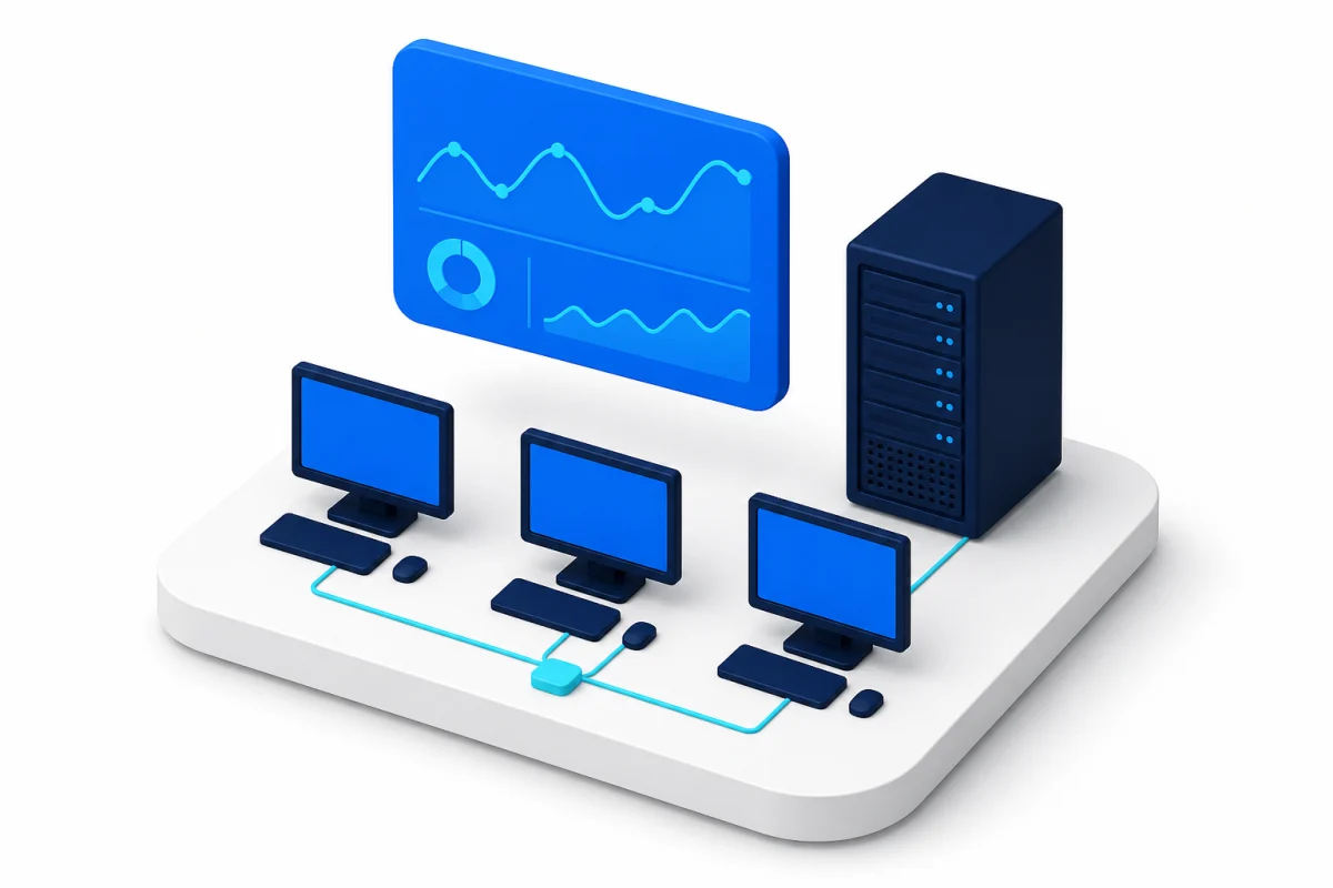 Postes de travail, serveur et tableau de bord de supervision d'un parc informatique