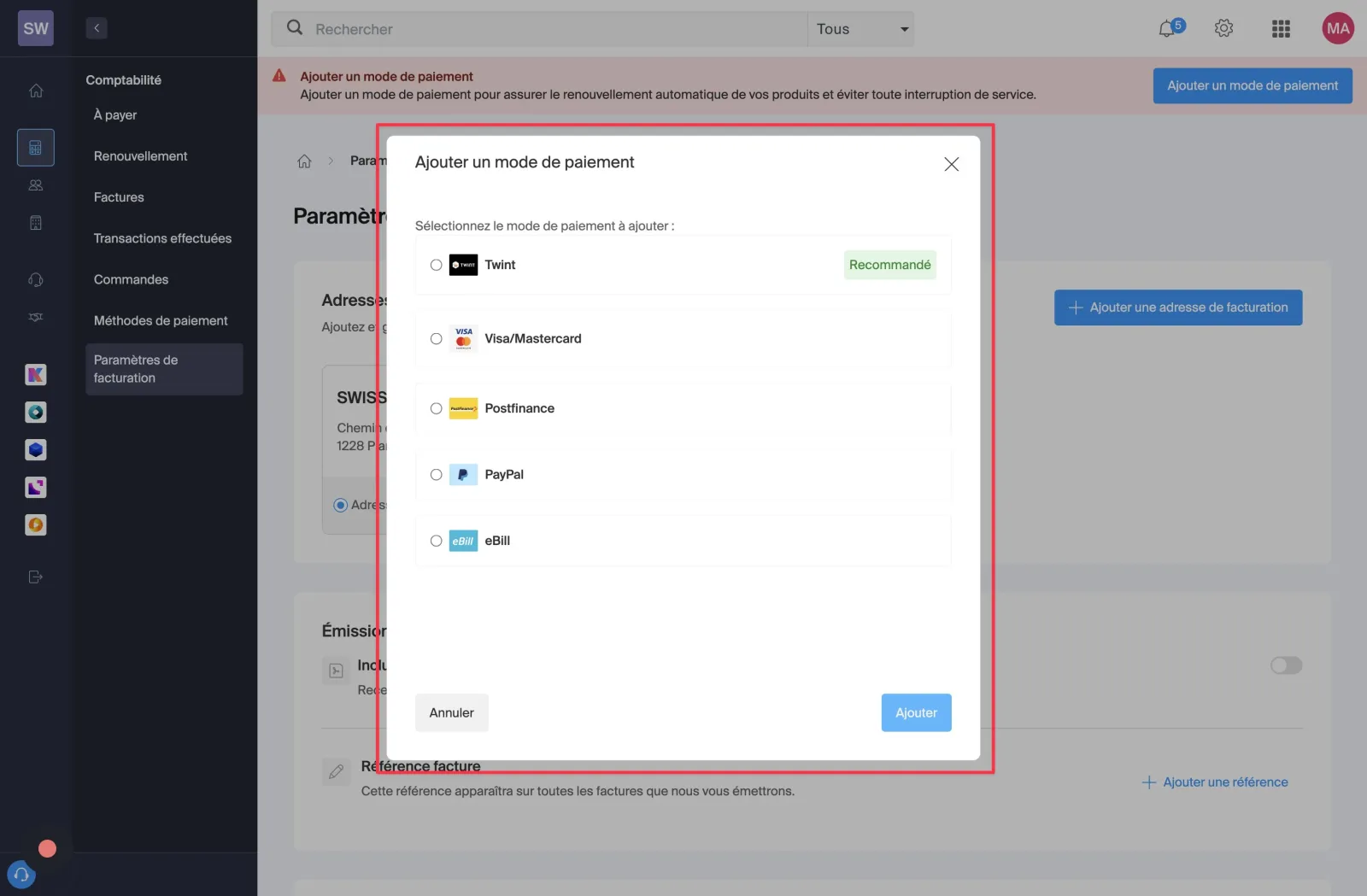 Étape 12, Choisir le moyen de paiement
