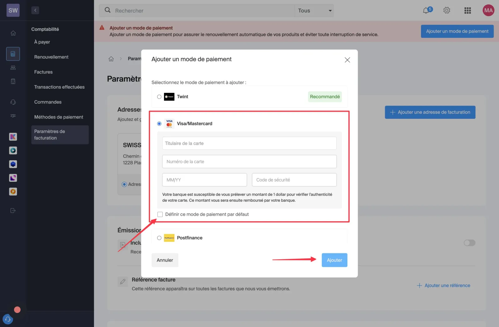 Étape 13, Informations de paiement