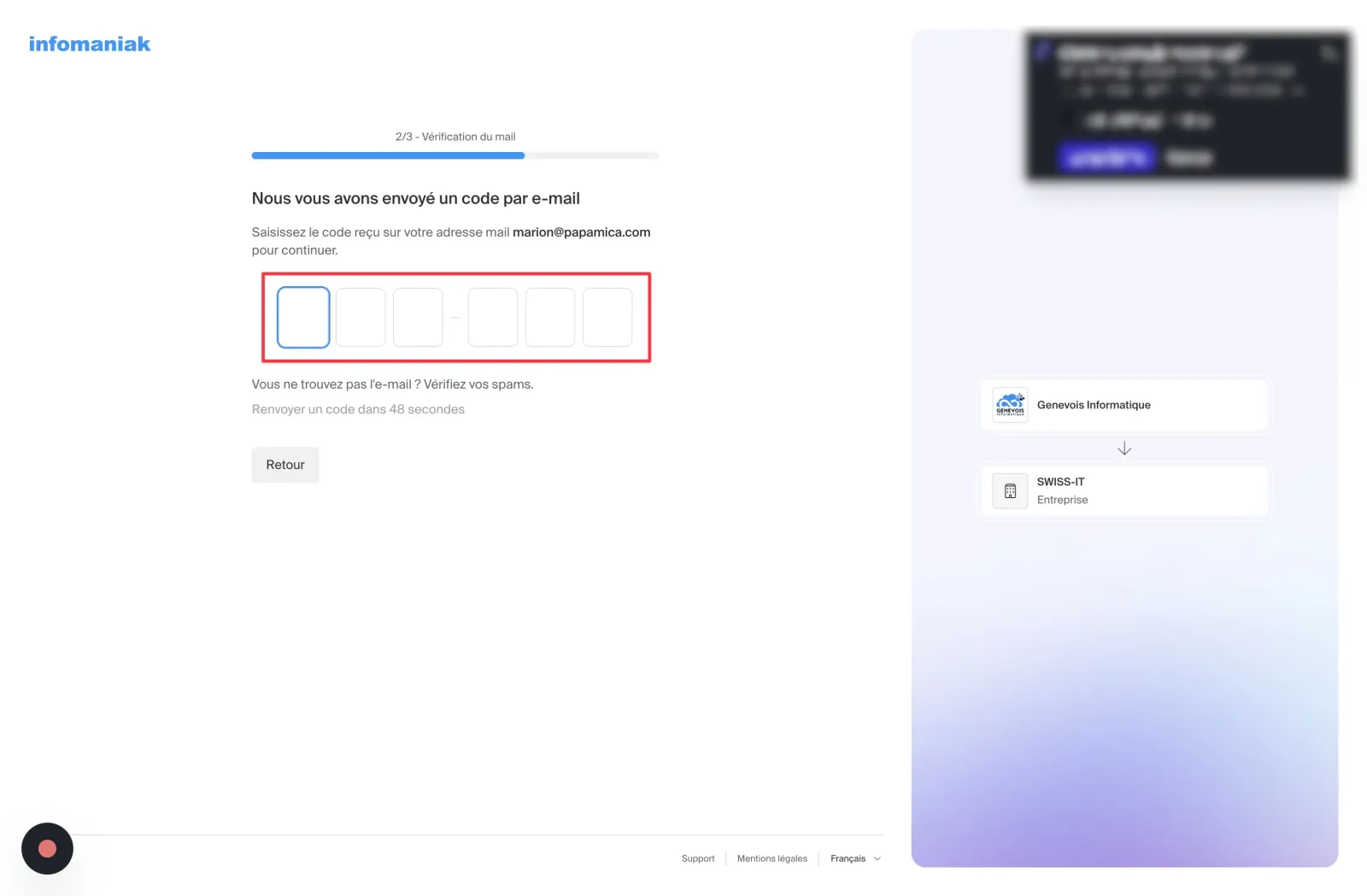 Étape 2, Code de vérification